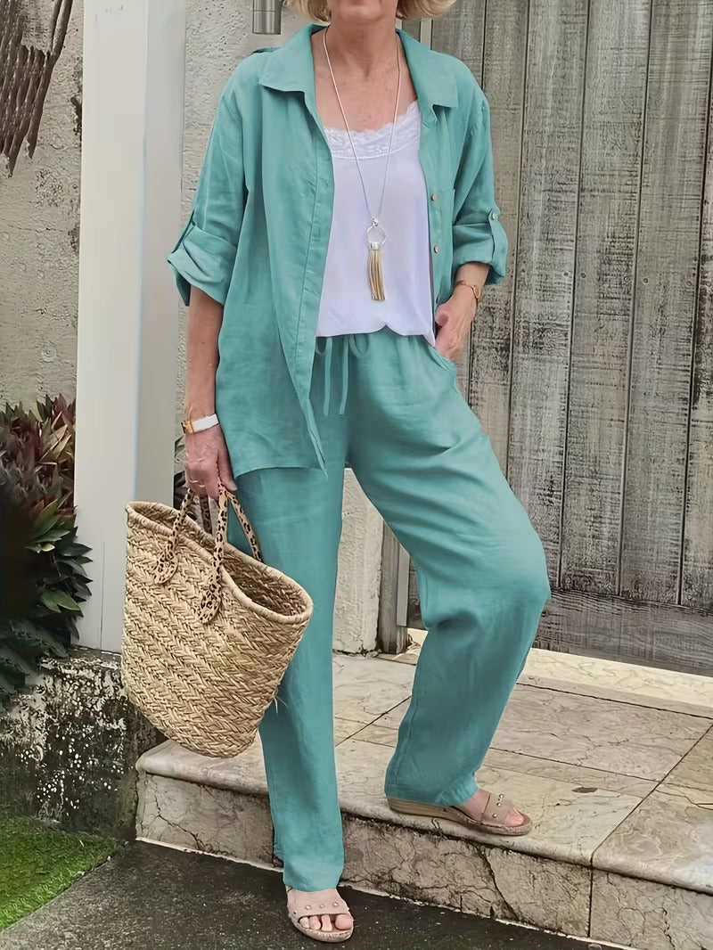 Women’s Loose-Fit Collared Shirt & Trousers Set