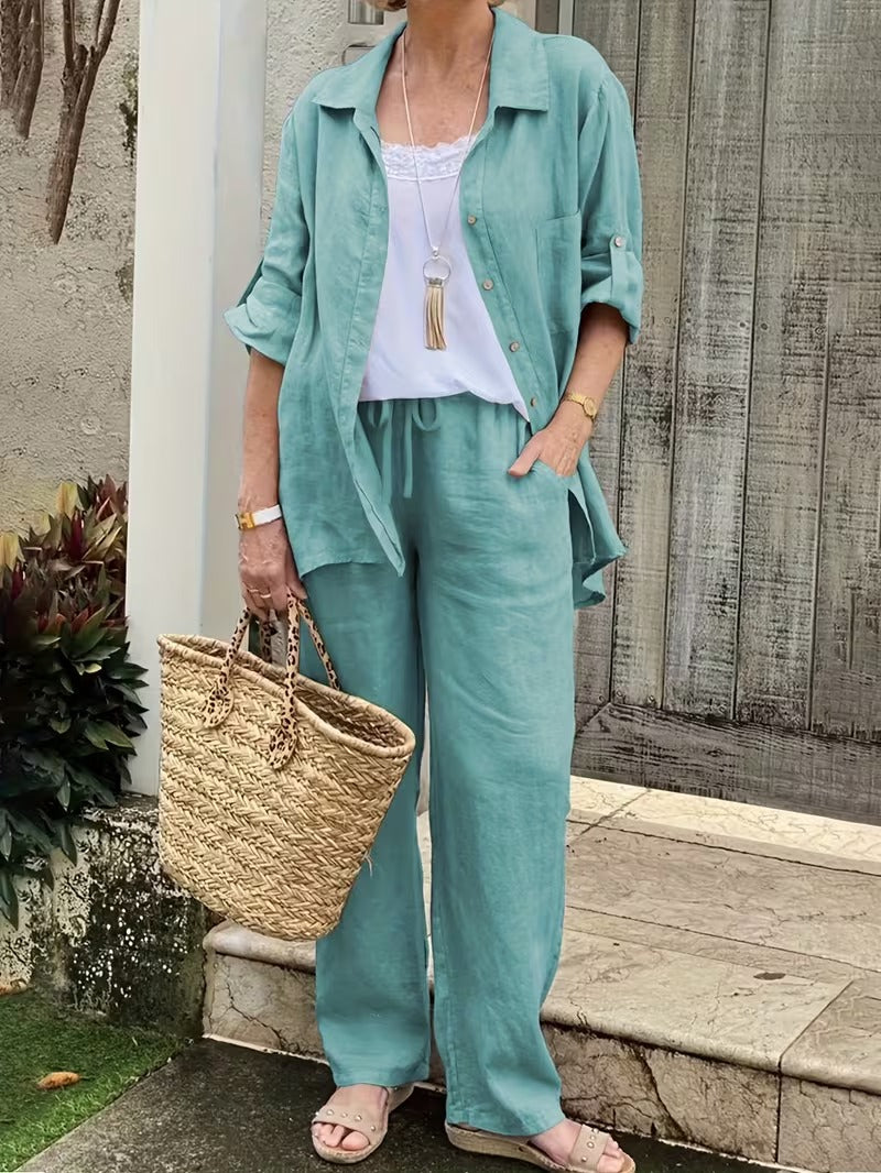 Women’s Loose-Fit Collared Shirt & Trousers Set