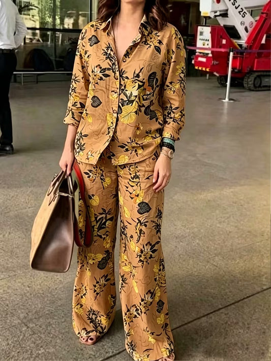 Women’s Vintage-Inspired Floral Shirt & Wide-Leg Pants Set