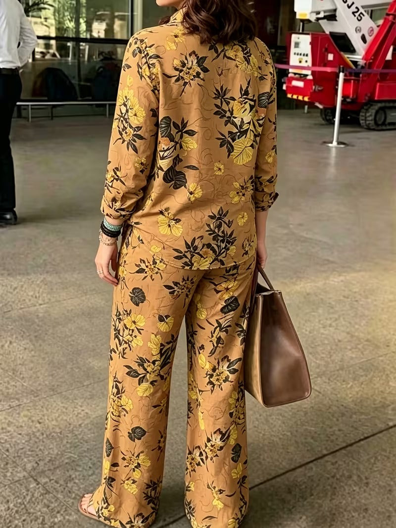 Women’s Vintage-Inspired Floral Shirt & Wide-Leg Pants Set