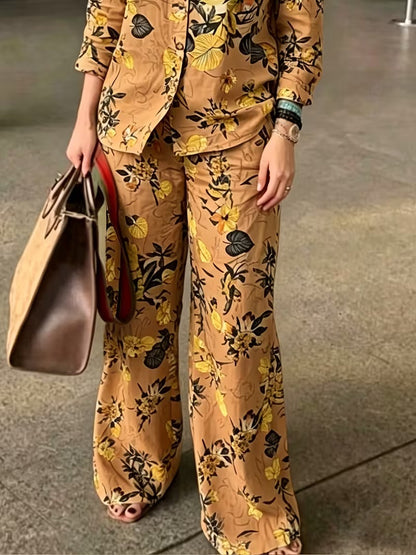 Women’s Vintage-Inspired Floral Shirt & Wide-Leg Pants Set