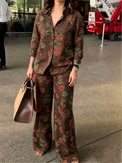 Women’s Vintage-Inspired Floral Shirt & Wide-Leg Pants Set