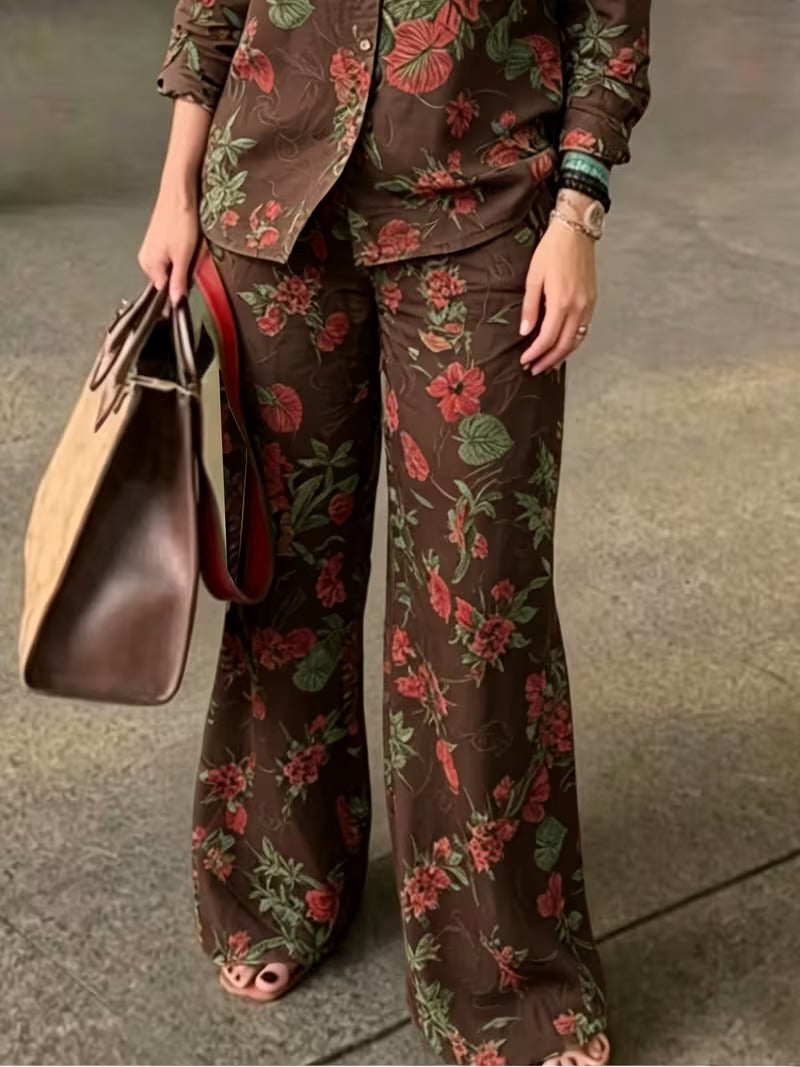 Women’s Vintage-Inspired Floral Shirt & Wide-Leg Pants Set