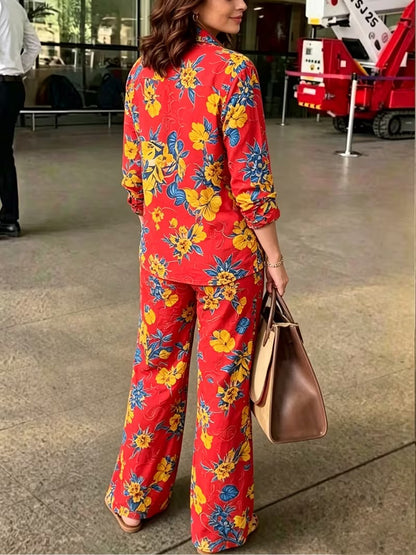 Women’s Vintage-Inspired Floral Shirt & Wide-Leg Pants Set