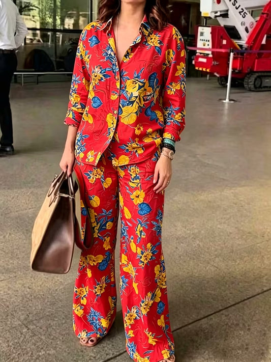 Women’s Vintage-Inspired Floral Shirt & Wide-Leg Pants Set