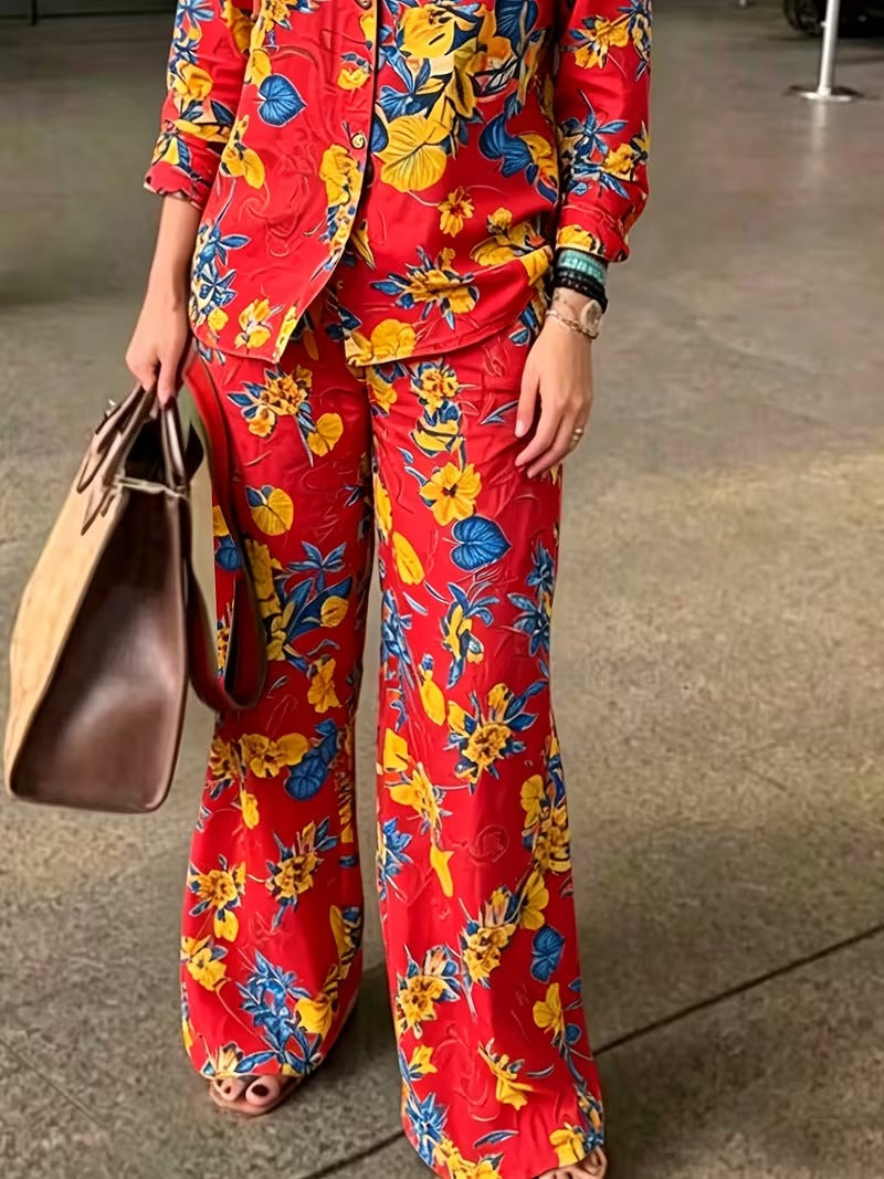 Women’s Vintage-Inspired Floral Shirt & Wide-Leg Pants Set