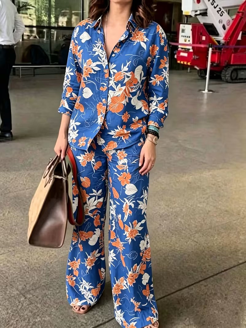 Women’s Vintage-Inspired Floral Shirt & Wide-Leg Pants Set