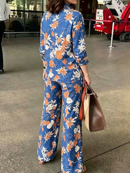 Women’s Vintage-Inspired Floral Shirt & Wide-Leg Pants Set