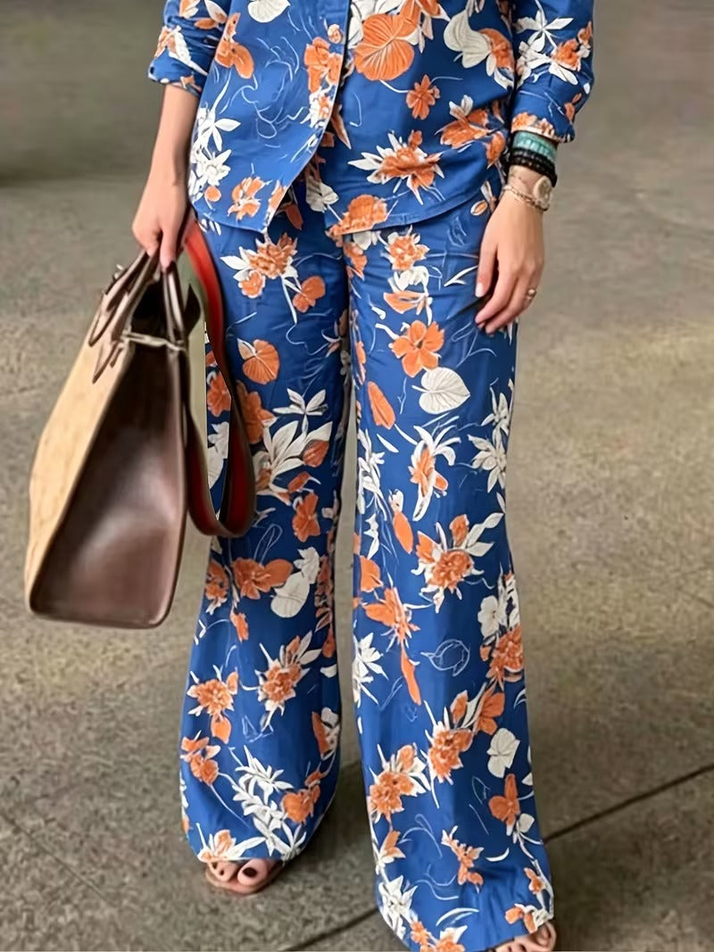 Women’s Vintage-Inspired Floral Shirt & Wide-Leg Pants Set