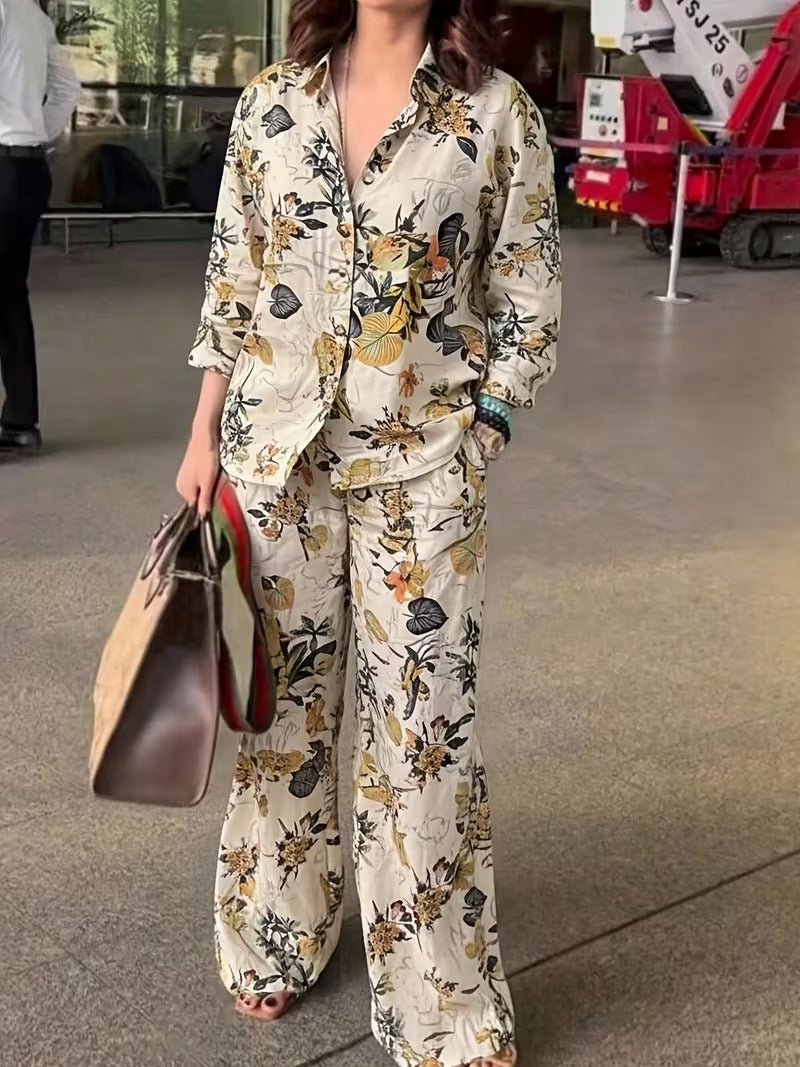 Women’s Vintage-Inspired Floral Shirt & Wide-Leg Pants Set