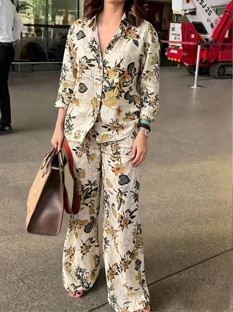 Women’s Vintage-Inspired Floral Shirt & Wide-Leg Pants Set