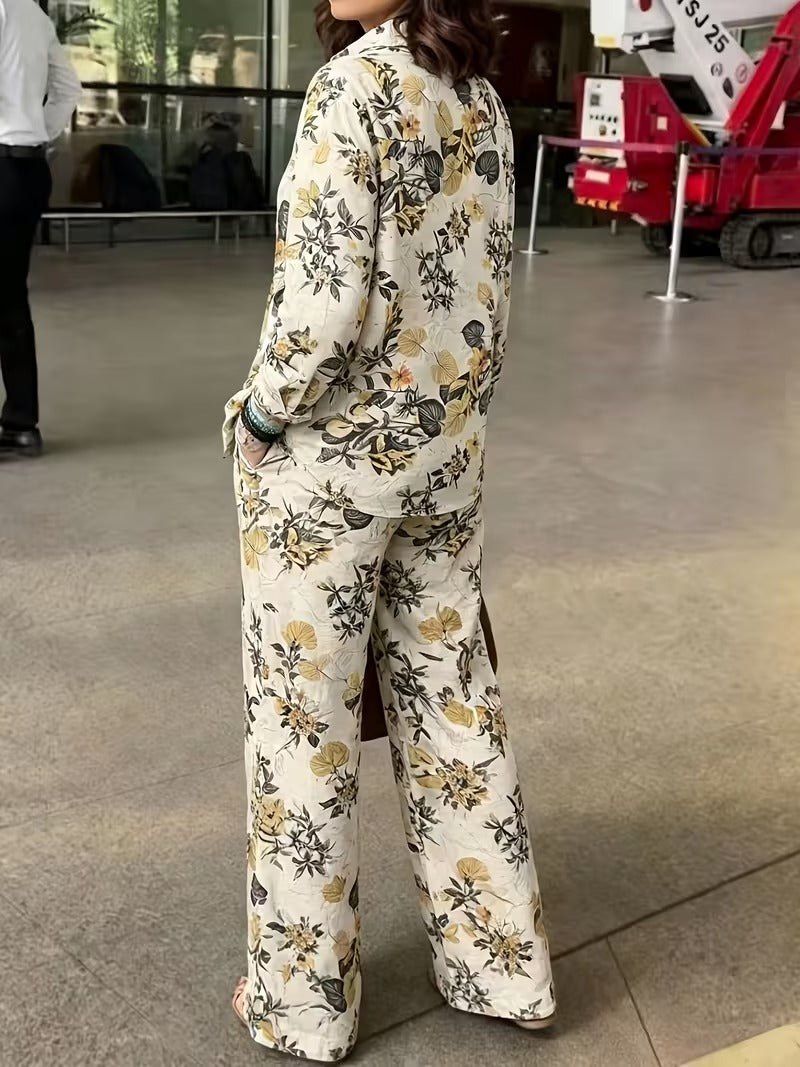 Women’s Vintage-Inspired Floral Shirt & Wide-Leg Pants Set