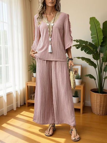 Women’s Elegant Ruffle Trim Loose-Fit Spring Summer Set