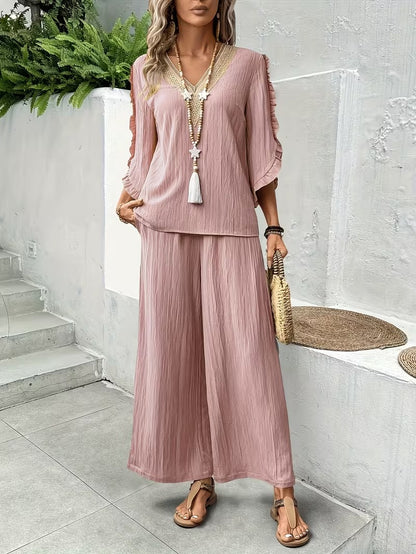 Women’s Elegant Ruffle Trim Loose-Fit Spring Summer Set