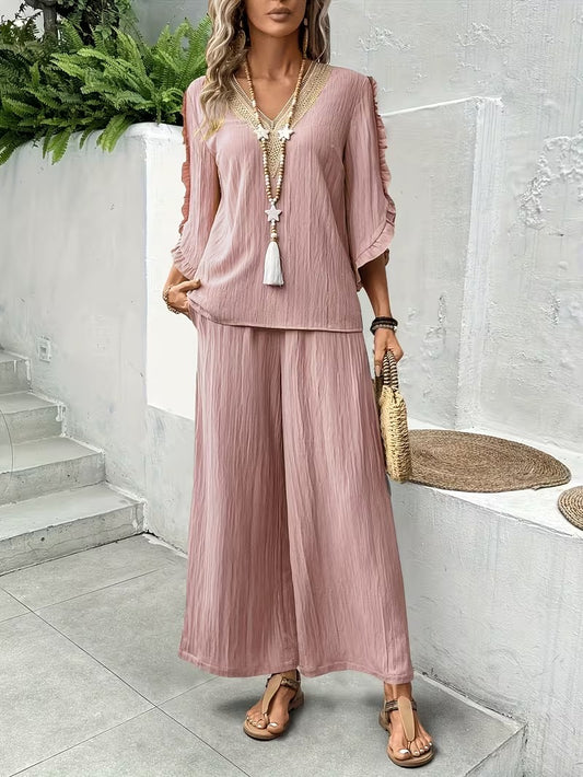 Women’s Elegant Ruffle Trim Loose-Fit Spring Summer Set