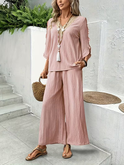 Women’s Elegant Ruffle Trim Loose-Fit Spring Summer Set