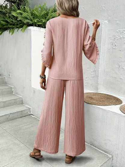 Women’s Elegant Ruffle Trim Loose-Fit Spring Summer Set