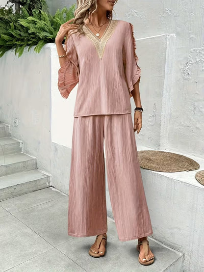 Women’s Elegant Ruffle Trim Loose-Fit Spring Summer Set