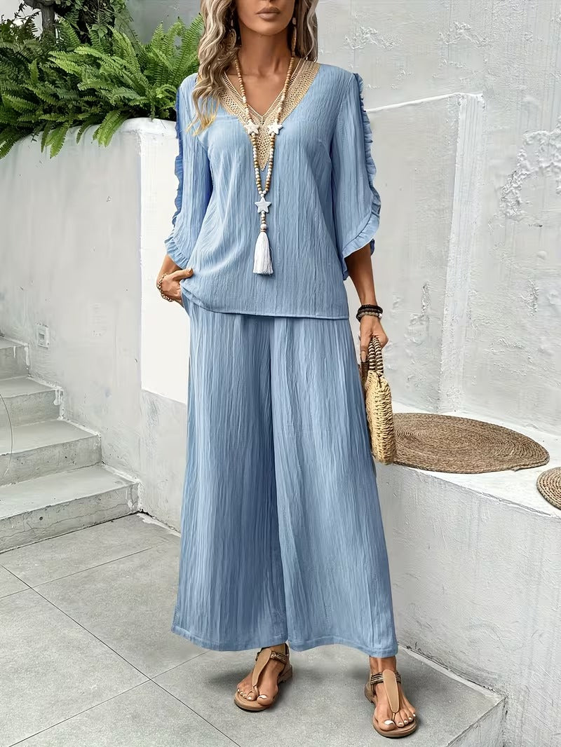 Women’s Elegant Ruffle Trim Loose-Fit Spring Summer Set