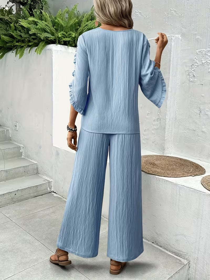Women’s Elegant Ruffle Trim Loose-Fit Spring Summer Set