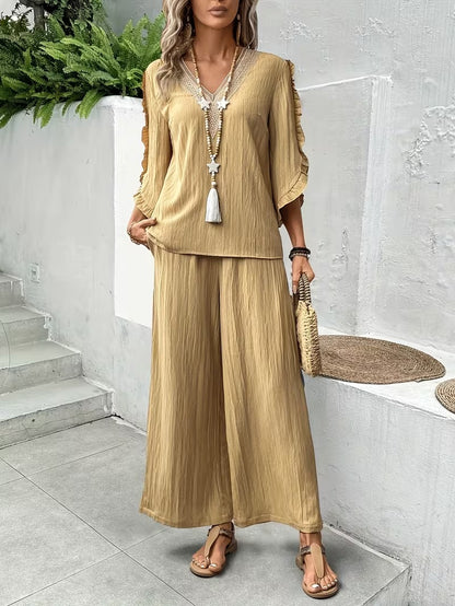 Women’s Elegant Ruffle Trim Loose-Fit Spring Summer Set