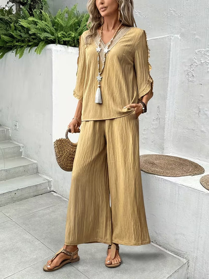 Women’s Elegant Ruffle Trim Loose-Fit Spring Summer Set