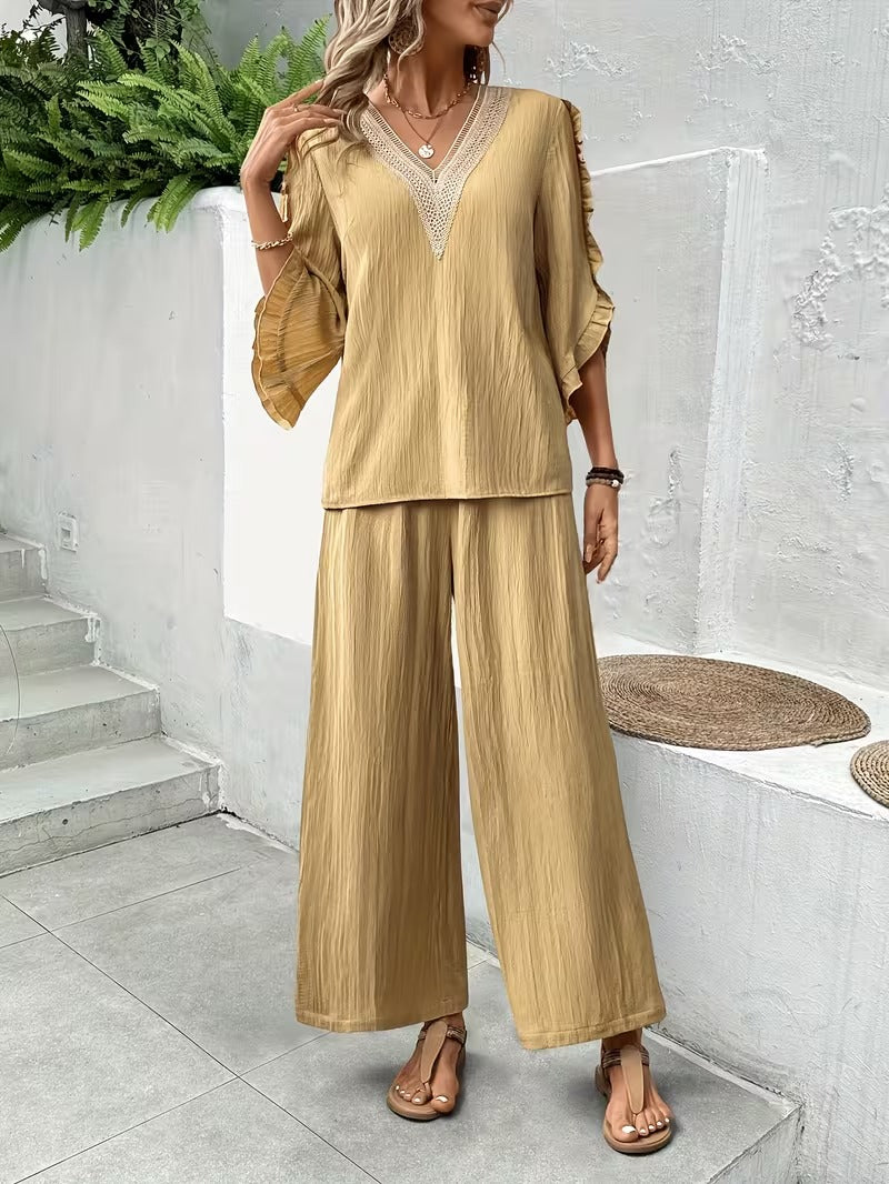 Women’s Elegant Ruffle Trim Loose-Fit Spring Summer Set