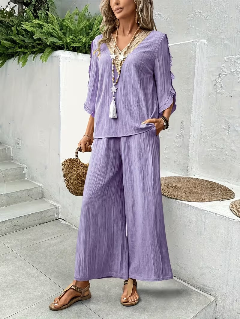 Women’s Elegant Ruffle Trim Loose-Fit Spring Summer Set