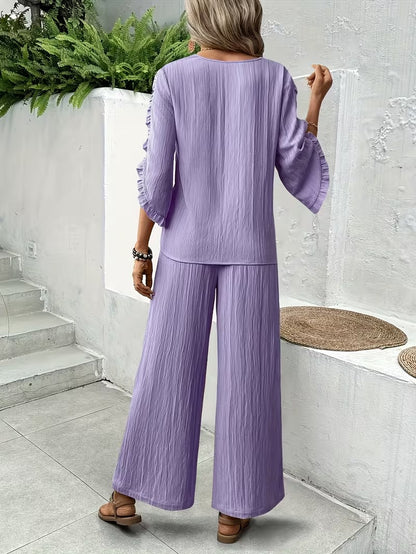 Women’s Elegant Ruffle Trim Loose-Fit Spring Summer Set