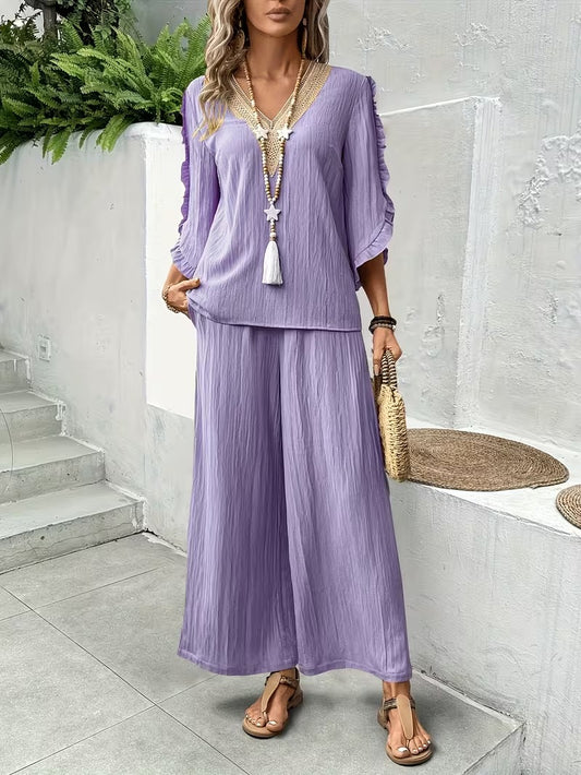 Women’s Elegant Ruffle Trim Loose-Fit Spring Summer Set