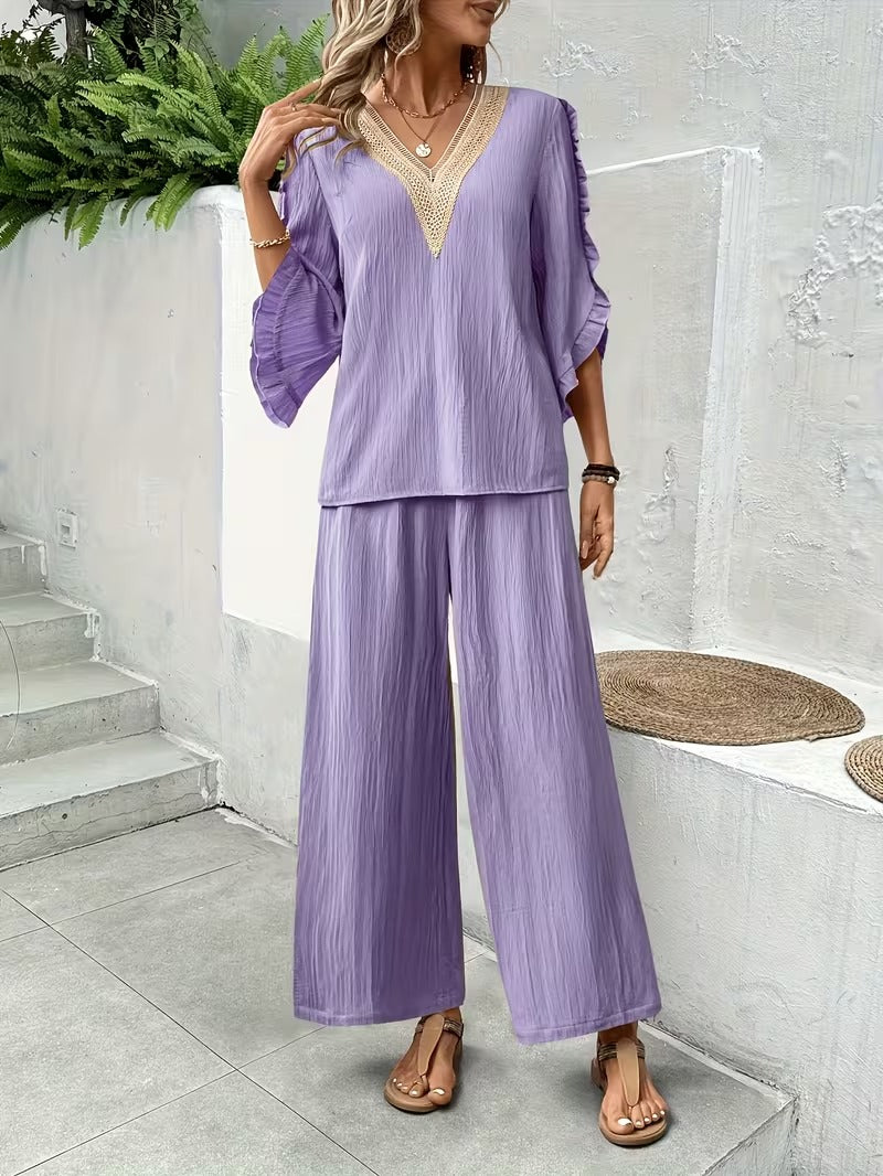 Women’s Elegant Ruffle Trim Loose-Fit Spring Summer Set