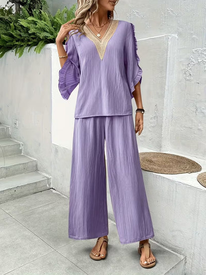 Women’s Elegant Ruffle Trim Loose-Fit Spring Summer Set