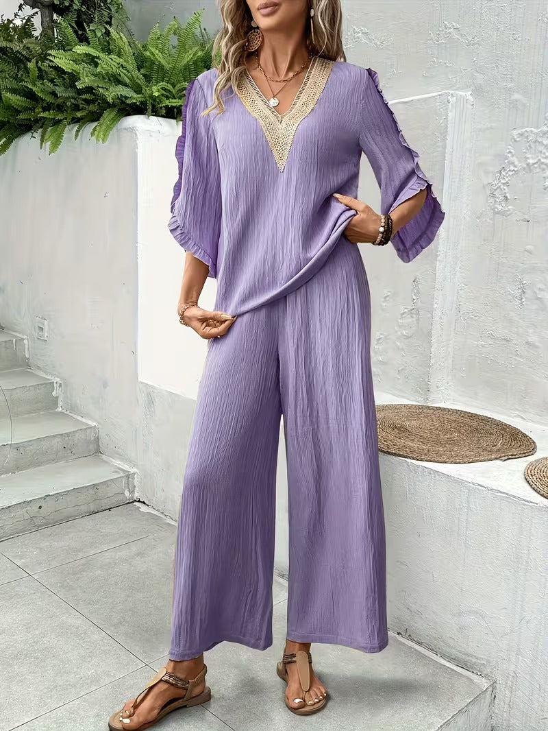 Women’s Elegant Ruffle Trim Loose-Fit Spring Summer Set