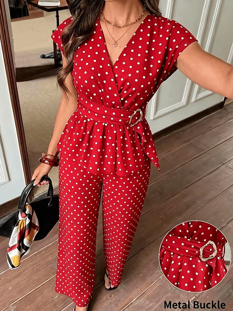 Women’s Elegant Polka Dot Blouse & Relaxed Pants Co-Ord