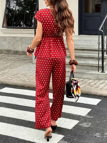 Women’s Elegant Polka Dot Blouse & Relaxed Pants Co-Ord