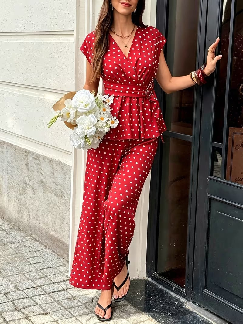 Women’s Elegant Polka Dot Blouse & Relaxed Pants Co-Ord