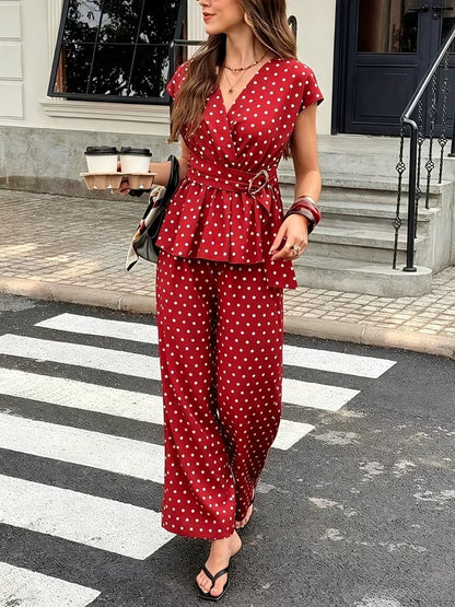 Women’s Elegant Polka Dot Blouse & Relaxed Pants Co-Ord