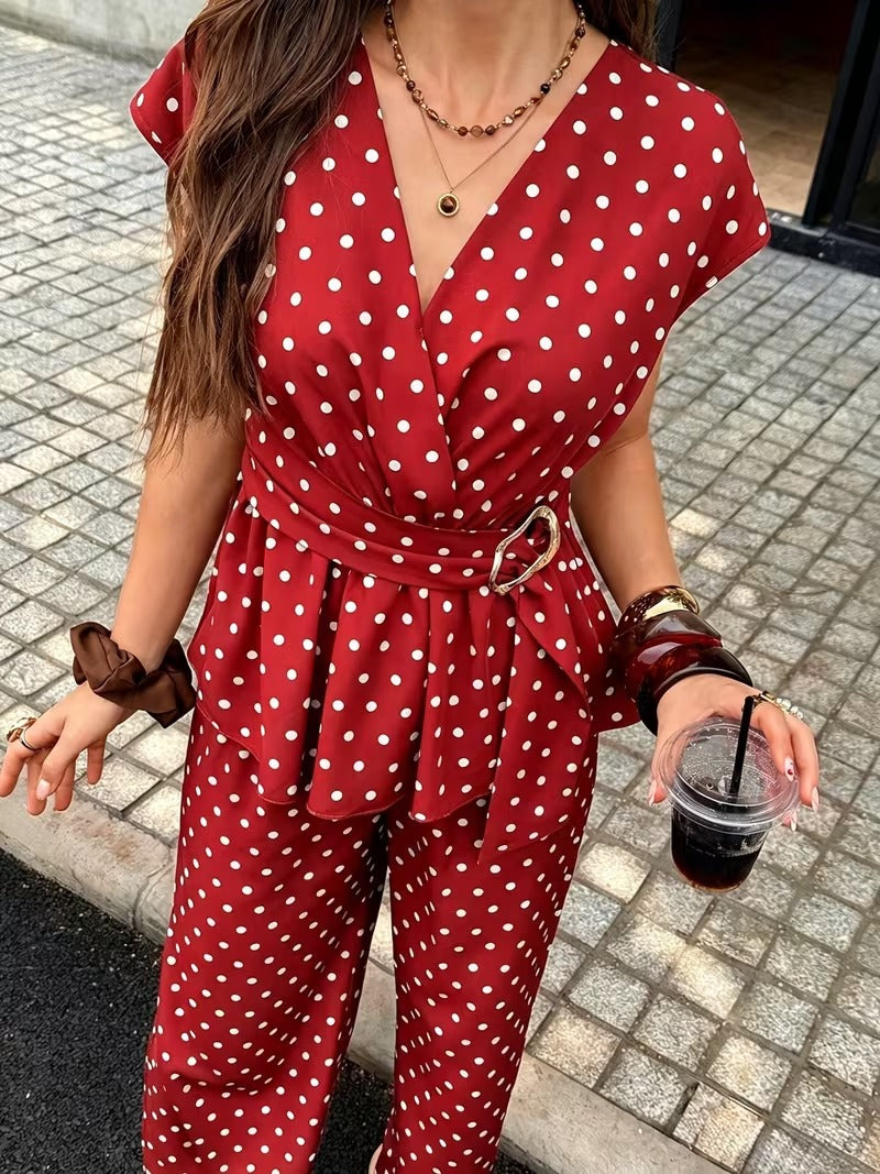 Women’s Elegant Polka Dot Blouse & Relaxed Pants Co-Ord