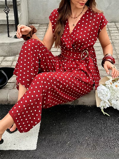 Women’s Elegant Polka Dot Blouse & Relaxed Pants Co-Ord
