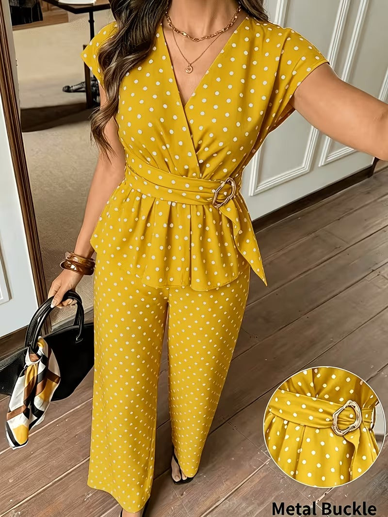 Women’s Elegant Polka Dot Blouse & Relaxed Pants Co-Ord