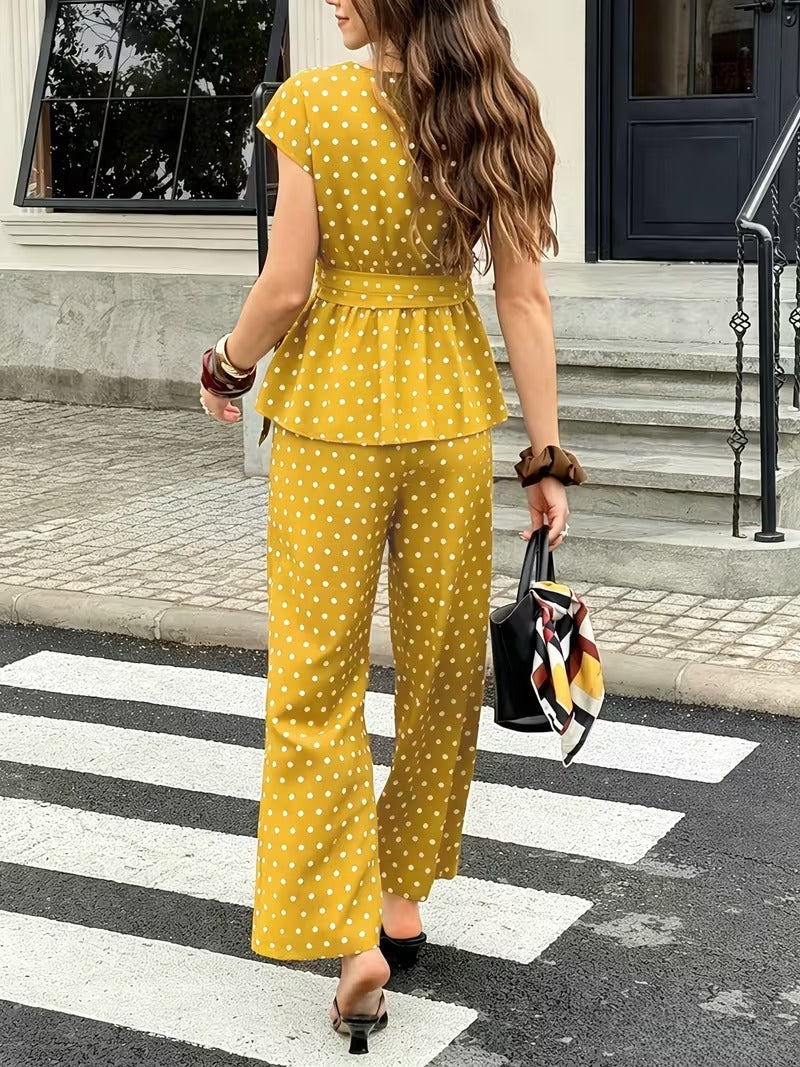 Women’s Elegant Polka Dot Blouse & Relaxed Pants Co-Ord