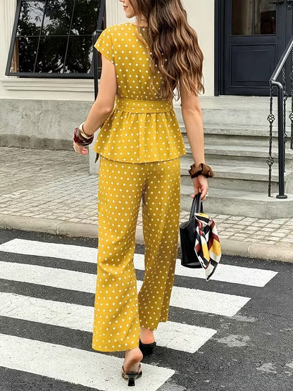 Women’s Elegant Polka Dot Blouse & Relaxed Pants Co-Ord
