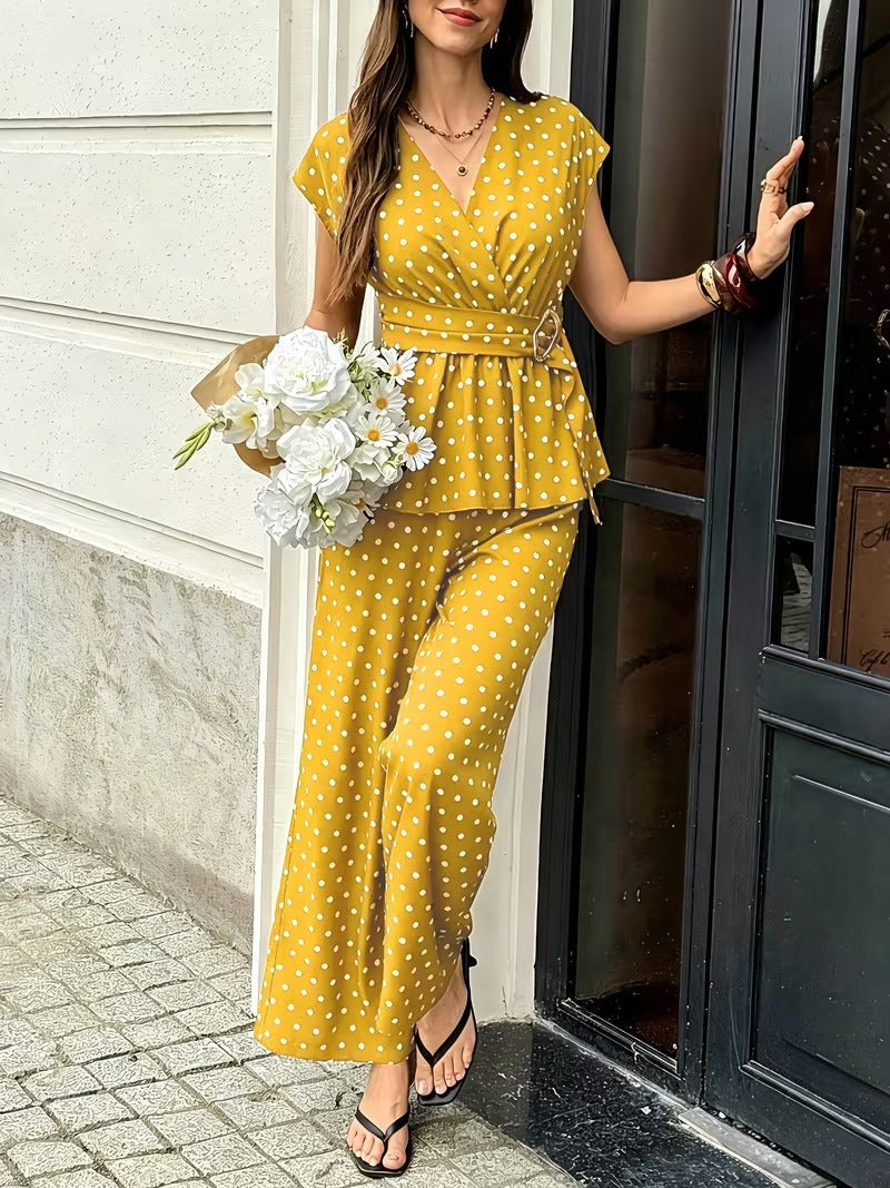 Women’s Elegant Polka Dot Blouse & Relaxed Pants Co-Ord