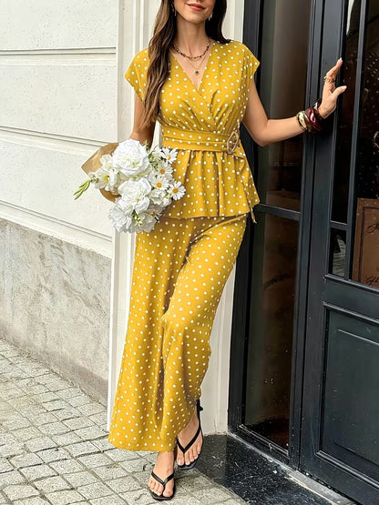 Women’s Elegant Polka Dot Blouse & Relaxed Pants Co-Ord