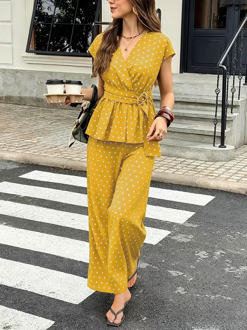 Women’s Elegant Polka Dot Blouse & Relaxed Pants Co-Ord