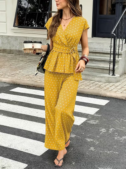 Women’s Elegant Polka Dot Blouse & Relaxed Pants Co-Ord