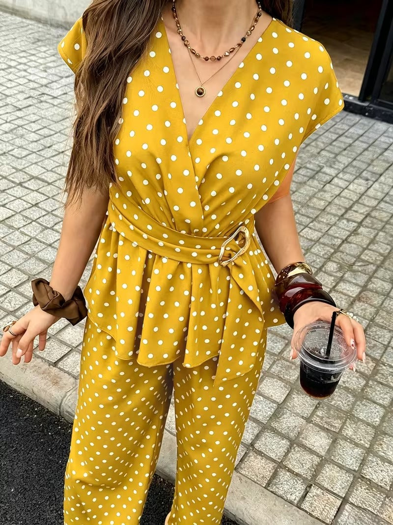 Women’s Elegant Polka Dot Blouse & Relaxed Pants Co-Ord