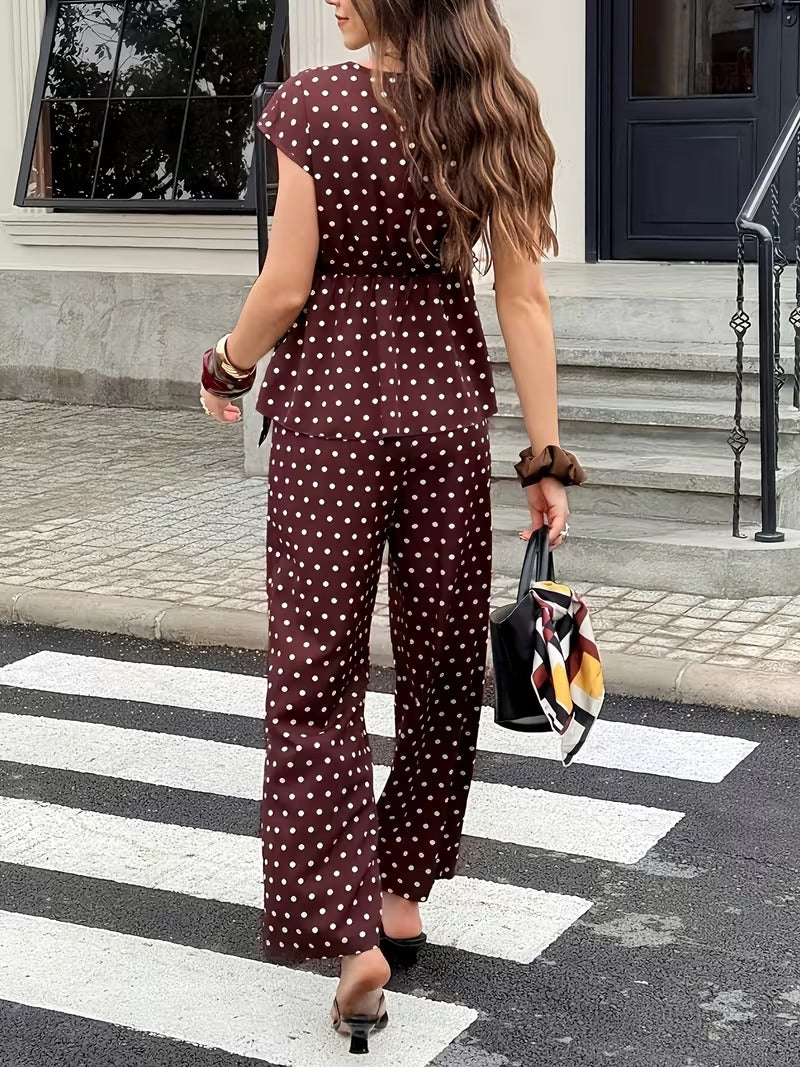 Women’s Elegant Polka Dot Blouse & Relaxed Pants Co-Ord