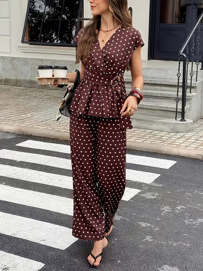 Women’s Elegant Polka Dot Blouse & Relaxed Pants Co-Ord