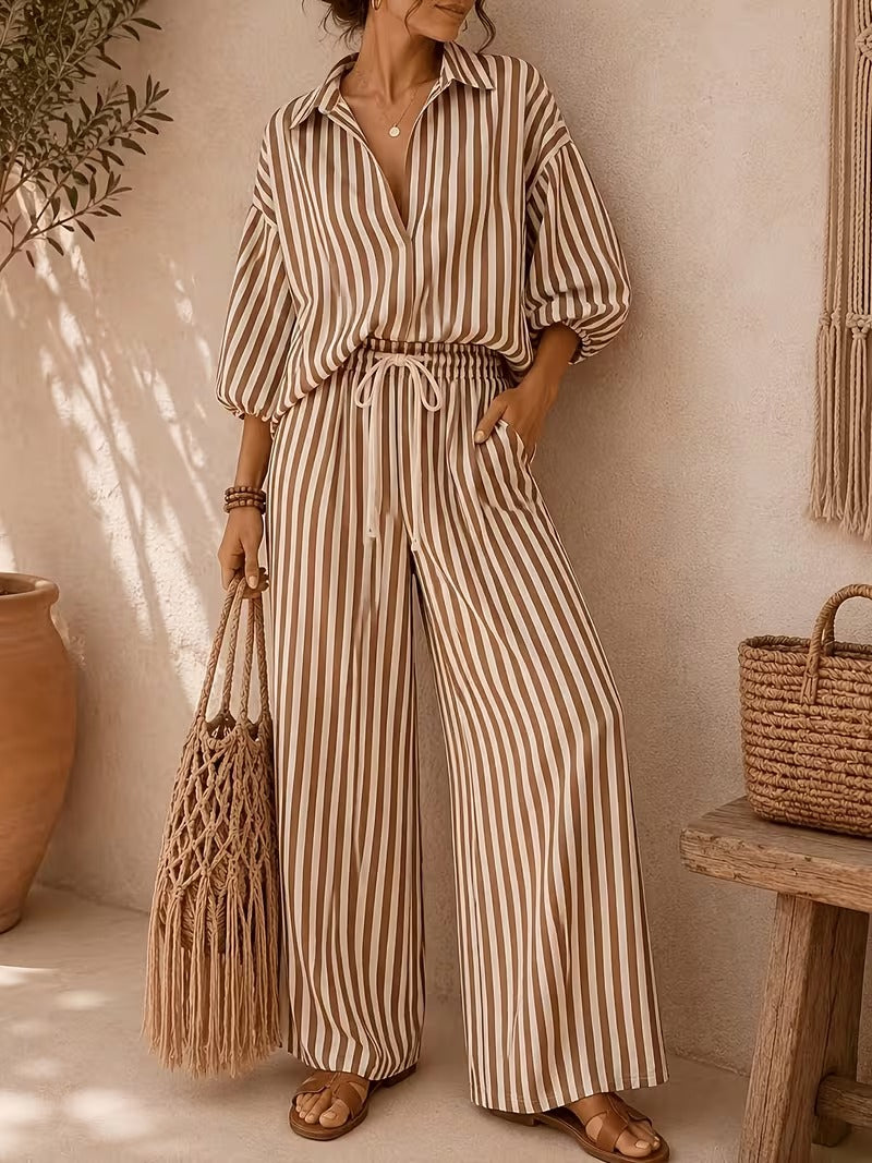 Women’s Striped Lapel Shirt & Relaxed Pants Co-Ord Set